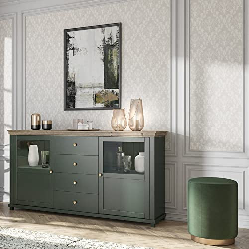 Sideboard grün mit Eiche Lefkas Nb. Glaseinsatz Türen und Knopfgriffe, B/H/T: ca. 181/93/42 cm