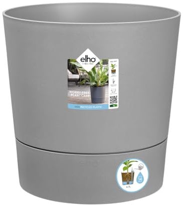 Elho Greensense Aqua Care Round 35 - Macetero por Interior y Exterior - 100% Plástico Reciclado - Ø 34.5 x H 34.1 cm - Gris/Light Concrete