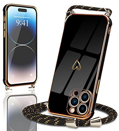 Micoden Handykette kompatibel mit iPhone 14 Pro hülle Ultra dünn Kameraschutz Herz Love Design Galvanik Silikon Bumper Kordel zum Umhängen Handyhülle mit Band Schutzhülle,Schwarz