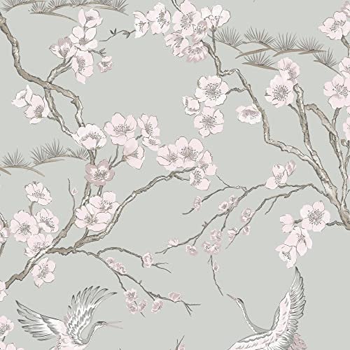 Transform Peel & Stick Oriental Heron Floral Grey Self-Adhesive Wallpaper