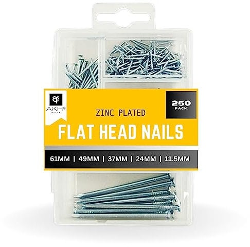 AKH® Chiodi assortiti a testa piatta per legno, confezione da 250 chiodi in ferro zincato, per appendere immagini, fai da te, artigianato, costruzioni, progetti di falegnameria, decorazioni per la