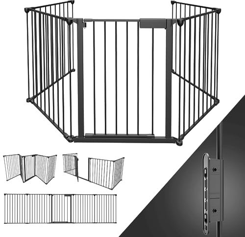 Ikodm 2X Kaminschutzgitter mit Tür 310 cm Metall Ofenschutzgitter Laufgitter Laufstall Absperrgitter Tierschutzgitter Türschutzgitter für Kinder-Sicherung, 5 tel (je 65 x 75 cm) Schwarz