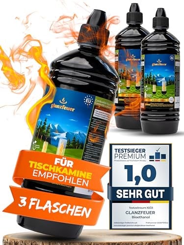 Glanzfeuer Bioethanol für Tischkamin - 3x1 Liter - Für Tischkamin Indoor & Outdoor - Premium Bio Ethanol Made in EU - 100% Rauch- und Rußfreies Ethanol für Tischfeuer - Kamin Feuerstelle