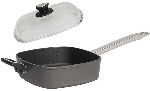 SKK Bratpfanne 28x28 cm - ohne Induktion - quadratische Aluguss Hochrand-Pfanne 2-tlg. mit Gegengriff - Edelstahlstiel & Glasdeckel - Made in Germany