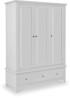 RoselandFurniture Cornish Dove Grey Triple 3 Door Wardrobe for Bedroom with Drawers & Oak Top | Large Contemporary Painted Solid Wood Closet Storage Solutions Unit with Hanging Rail