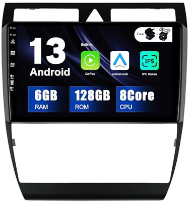 SXAUTO - 6G+128G - Android 14 IPS Autoradio für Audi A6 C5 S6 (1999-2004) / RS6 (2002-2006) GSP Radio Navi - Eingebaut Carplay Android Auto - Kamera + MIC - DAB Lenkradsteuerung 360-CAM - 2 Din 9 Zoll