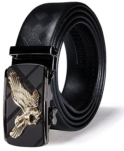 Dubulle Designer Herren Gürtel, Schieben Automatische Schnalle Ratsche Kleid Gürtel TOP Echtes Leder Gurt Geschenke, B Gold Adler, 110cm/24-38W