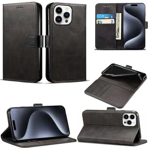 EKAM Case Compatible With iPhone 15 Pro Max Leather Wallet Book Flip Folio Stand View Cover Magnetic Closure with Card Slots for iPhone 15 Pro Max [6.7 Inch] (Black)