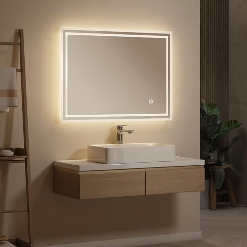 EMKE Badspiegel mit Beleuchtung 80x60cm LED badspiegel mit 3 Lichtfarben Dimmbar, Antibeschlag, Touch, Einfach Install Explosionsschutz Badezimmerspiegel