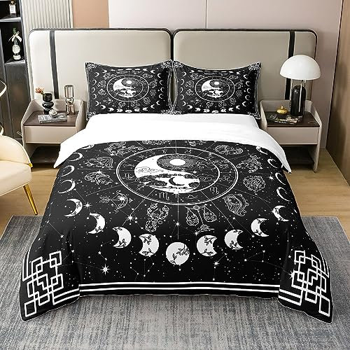 Sonne und Mond 100% Baumwolle Bettbezug,Zwölf Sternbilder Zodiac Bettwäsche Set 155x220,Moon Phase Tröster Bezug,Yin und Yang Sternennacht Astrologie Sterne Bettsets mit 1 Kissenbezug