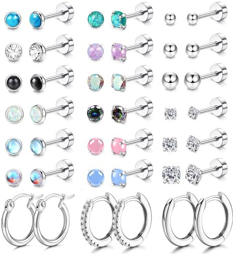 JeweBella 21Pairs Small Stud Earrings for Women Girl Surgical Steel Flat Back Earrings Silver Cartilage Hoops Earrings Set Hypoallergenic Opal Star Moon Zirconia Moonstone Piercing Sleeper Earrings
