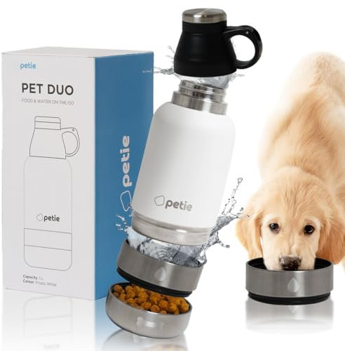 PETIE Bebedero Perro Portátil PETDUO 1 Litro, Botella y Comedero Desmontable, Aislamiento Térmico, Acero Inoxidable, Ideal para Viajes y Paseos