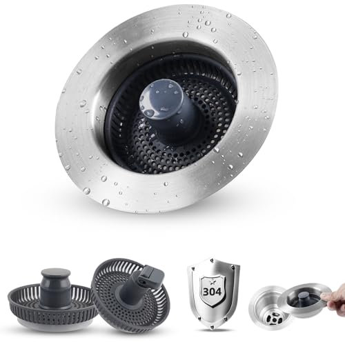 iFealClear 3-in-1 Stainless Steel Kitchen Sink Drain Strainer Stopper, Pop Up Sink Stopper, Anti-Clog Kitchen Sink Strainer Basket for 3-1/2 Inch Sink Drain, 3 Pcs Detachable Basket Strainers, Chrome