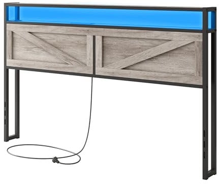 Halitaa Twin Bed Frame Headboard, Platform Bed with Storage & LED Light, Headboard with 2 Outlets USB and Type C Port, Farmhouse Bed, Attach Frame, Easy to Assembly, Wash Grey