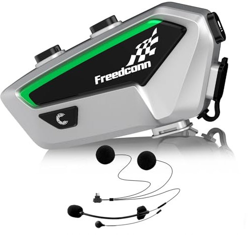 FreedConn FX Motorrad Bluetooth Headset, Helm Intercom, Kommunikationssystem für bis zu 10 Motorräder mit 1500m Reichweite, Motorradhelm Gegensprechanlage mit Musikteilen Funktion Silber