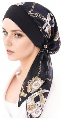 Kopftuch Turban Damen,Sommer Bedruckte Schal Elastische Turban Kopftücher Headwear Chemo Kopfbedeckung Baumwolle Kappe für Frauen Haarausfall Krebs Chemo (Black chain)