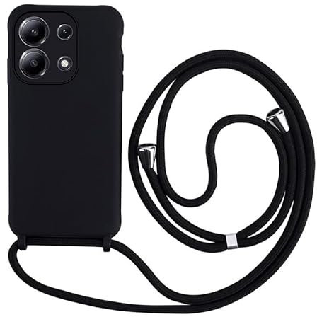 Keteen Funda con Cuerda para Xiaomi Redmi Note 13 4G Carcasa Ultrafina Protectora Silicona Líquida Suave TPU con Ajustable Collar Correa de Cuello Cordón Antigolpes funda Xiaomi Redmi Note 13 4G-Negro