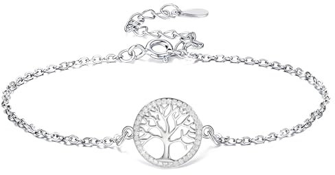 Hinvan 925 Sterling Silber Armband Silber Armbänder Lebensbaum Armband Zirkonia Silber Baum des Lebens Armbänder Charm Armreif Armkette 17+4cm Verstellbar Armbänder für Damen Mädchen Frauen