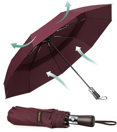 TECKNET Parapluie Pliant Automatique Compact, Parapluie Solide Homme de Voyage, Revêtement en Téflon 210T, Anti-Tempête, Double Toit Coupe-Vent Ventilé, Poignée en Bois Véritable,Rouge