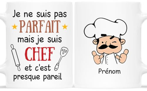 𝗖𝗔𝗗𝗘𝗔𝗨 𝗣𝗟𝗨𝗦 Mug Personnalisé Prénom - Je Ne Suis Pas Parfait Mais Je Suis Chef - Cadeau Cuisine, Cadeau Cuisinier, Cadeau Humour Chef, Cadeau pour Un Cuisinier, Mug Chef, Mug Cuisine