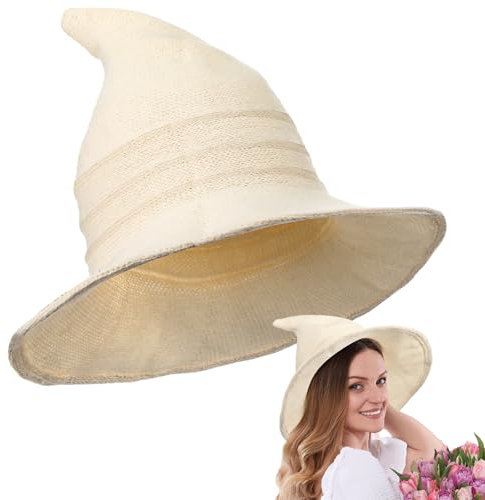 Boyiee Gestrickt Hexe Hut Breitkrempe Gestrickte Mütze Halloween Hexenhut Faltbare Zipfelmütze für Damen Halloween Cosplay Kostüm Maskerade Zubehör(56–58 cm,Beige,1 Stück)