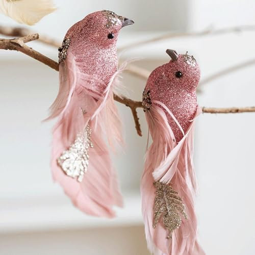 Lot de 2 décorations d'oiseaux pour sapin de Noël, oiseaux artificiels à plumes blanches en mousse, décorations de sapin de Noël à plumes blanches (rose)
