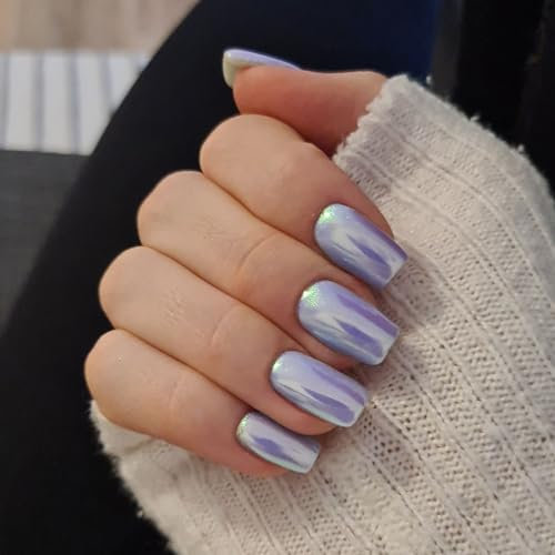 Chrome False Nails Medium, SXVME Glazed Light Blue Press On Nails Short Medium Square, Glitter Shine Fake Nails Glue on Nails Short Cute, Acrylic Stick on Nails for Women Daily & Party Wear