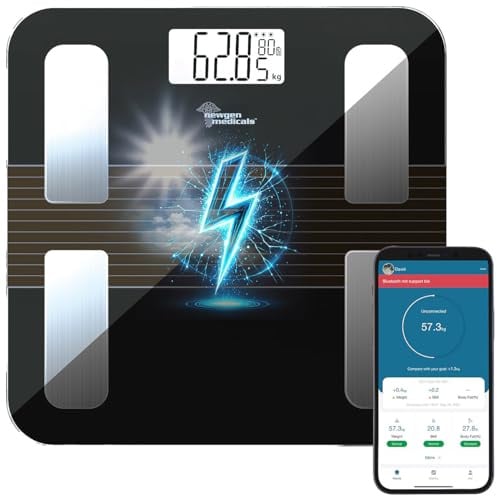 newgen medicals Personenwaage Solar: Smarte Solar-Akku-Körperfettwaage aus Glas, mit App, LCD, bis 180 kg (Smarte Personenwaage, mit Akku, Scale)