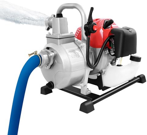 Begoniape 1 Zoll Benzin-Wasserpumpe mit 30 m Förderhöhe und 8m Ansaug-Wasserhöhe, 1.25KW 2-Takt Motor, 8100 l/h Fördermenge, Gartenpumpe Schmutzwasserpumpe mit 2m Einlassrohr