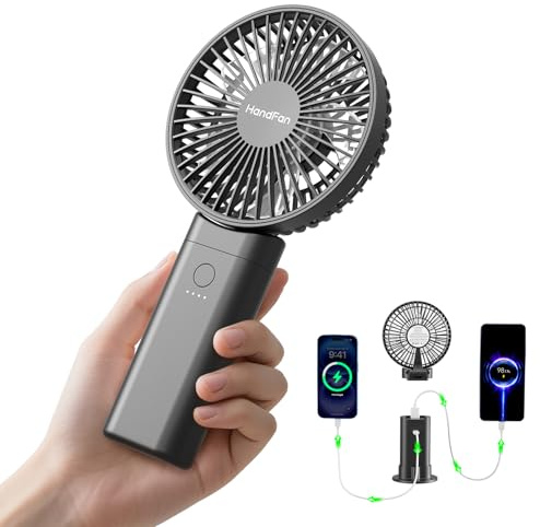 HandFan Ventilador de mano mejorado de 10,000 mAh silencioso - Ventiladores de mano grandes de 4.5 pulgadas recargables, ventilador portátil plegable de 180° [30 horas de funcionamiento] con cordón