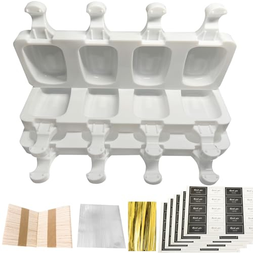 Stampi per ghiaccio in silicone, stampini per gelato bambini ，Adulti ，stampi per gelati 3 pezzi, 4 cavità, 100 steli in legno, 100 sacchetti autoadesivi, 100 fili di imballaggio, 100 adesivi