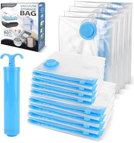QOUBNIC 13Pcs Sac Sous Vide Vetement Aspirateur avec Pompe Manuelle, Sac Sous Vide Vetement Peu Encombrant, Sacs de Rangement pour Couettes, Literie