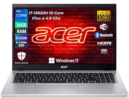 acer Aspire Go, Pc Portatile Silver Intel i7-13620H 10 Core 3.5 Ghz, Ram DDR5 16Gb, SSD NVMe 512Gb, Display 15,6 FHD, Notebook con Win 11 Pro, Wi-FI 6, Garanzia Italia