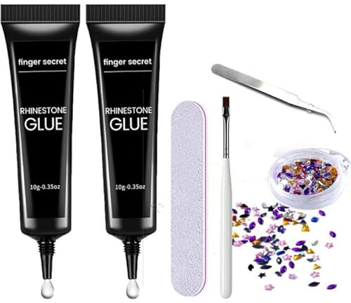 AIJIMEI Rhinestones Glue for Nails Kit High Adhesion Hose Rhinestone Gel with Nail Brush and Tweezers,Quick Drying and Long-Lasting for Home DIY and Salon Use(2*10g/0.35oz) (Set 4)