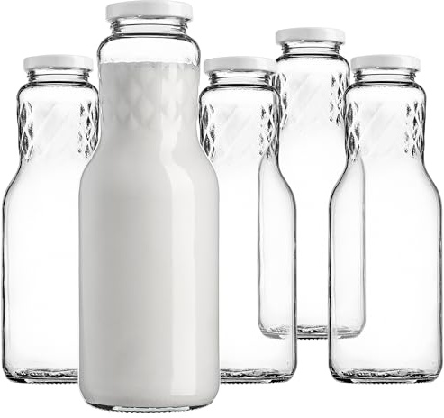 KADAX Set di 5 bottiglie di vetro da 1 l con tappo a vite, 5 pezzi, bottiglie vuote per succhi di frutta, latte, frullati e sciroppi, bottiglie di vetro ricaricabili