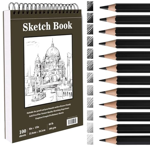 Skizzenbuch A4, 12 Skizzenstifte, 200g/m² Skizzenpapier zum Zeichnen Sketchbook Zeichenpapier Spiralbindung zum Skizzieren Illustration Zeichenen, Ideal für Bleistift, Kohle (100 Blatt/200 Seiten)