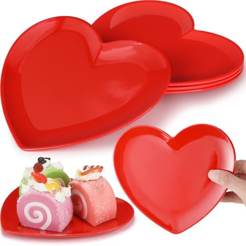 Nuogo 4 Pcs Heart Shaped Dinner Plates 6.8'' Valentine's Serving Tray Unbreakable Ceramic-like Heart Shaped Plates for Dessert, Appetizer, Salad, Dishwasher Safe (Red)