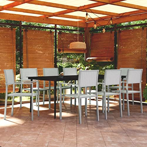 Tonture 9-TLG. Garten-Essgruppe Weiß, pulverbeschichteter Stahlrahmen, 200x100 cm Glastisch, 8 Kunststoff Rattan-Look Stühle, für Terrasse, Balkon, Außenbereich, max. 110 kg
