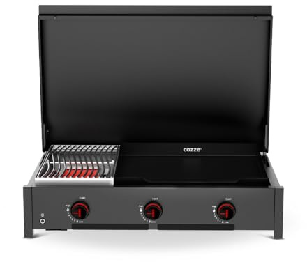 Cozze® Combo 900 | 2-in-1 Gasgrill und Plancha in schwarzer Edition | 3 Brenner mit Deckel & Thermometer | Emaille-Gusseisen-Plancha-Griddle