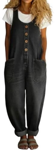 FUPODD Jumpsuit Damen Jeans Locker Latzhose Damen Sommer Lang Overall Elegant Denim Romper Mit Tasche Knöpfe Jeanslatzhose Frauen Schicke Playsuit Vintage Latzhosen Casual Einteiler Jean Overalls