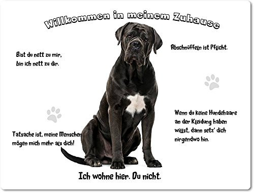 Merchandise for Fans Blechschild/Warnschild/Türschild - Aluminium - 20x30cm - - Willkommen in Meinem Zuhause - Motiv: Cane Corso/Italienischer Mastiff schwarz - 03