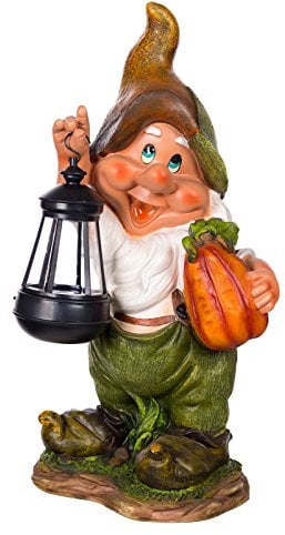 Birendy Figur Zwerg Gartenzwerg Gartenwichtel mit LED Solarlampe NF11021-1D Groß Deko Zwerg, Gartendekoration Gartenfigur 38cm