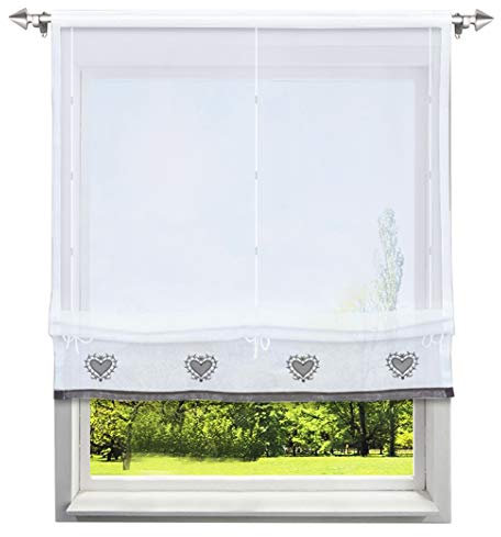 Raffrollo mit Herz Muster Rollos Stickerei Transparent Voile Vorhang (BxH 140x155cm, Grau mit Tunnelzug)