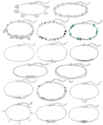 Softones 16Pcs Ankle Bracelets for Women Gold Silver Two Style Chain Beach Anklet Bracelet Jewelry Anklet Set,Adjustable Size