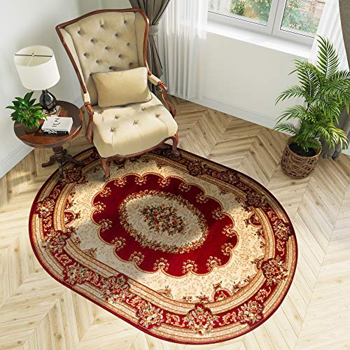 TAPISO Yesemek Teppich Oval Kurzflor Klassisch Gemustert Oriental Floral Ornament Rot Creme Bordüre Schlafzimmer Wohnzimmer ÖKOTEX 160 x 220 cm