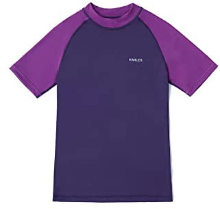 HMILES Rash Vest Girls Short-Sleeve - Kids UPF Rash Guards Swim Top Swimwear Quickdrying Childs Wetsuit Top Surf Shirt Water Sports Purple 7/8yrs