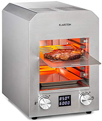 KLARSTEIN Hannibal gril haute température, gril d'intérieur, puissance 2200 W, température 200-850 °C, élément chauffant infrarouge, système CharForce, surface 18,5x30cm, écran LED, minuterie - argent