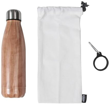 Cook Concept KA4655 Coffret Bouteille Isotherme de Transport Inox Effet Bois avec Mousqueton et Pochon Beige et Marron H26 x 8,5 x 18 cm