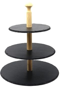 Kesper Schiefer Etagere Schwarz, mit Bambusgestell 3-stöckig, FSC-zertifiziert, rund, Handreinigung, Maße: 18 x 56 cm, 38119