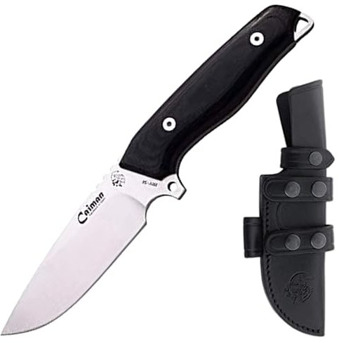 J&V Cuchillo de Supervivencia CAIMAN Campo Bushcraft Caza y Pesca - Mango de Mikarta - Hoja de Acero Inoxidable MV-58 y 12 cms - Funda de Piel